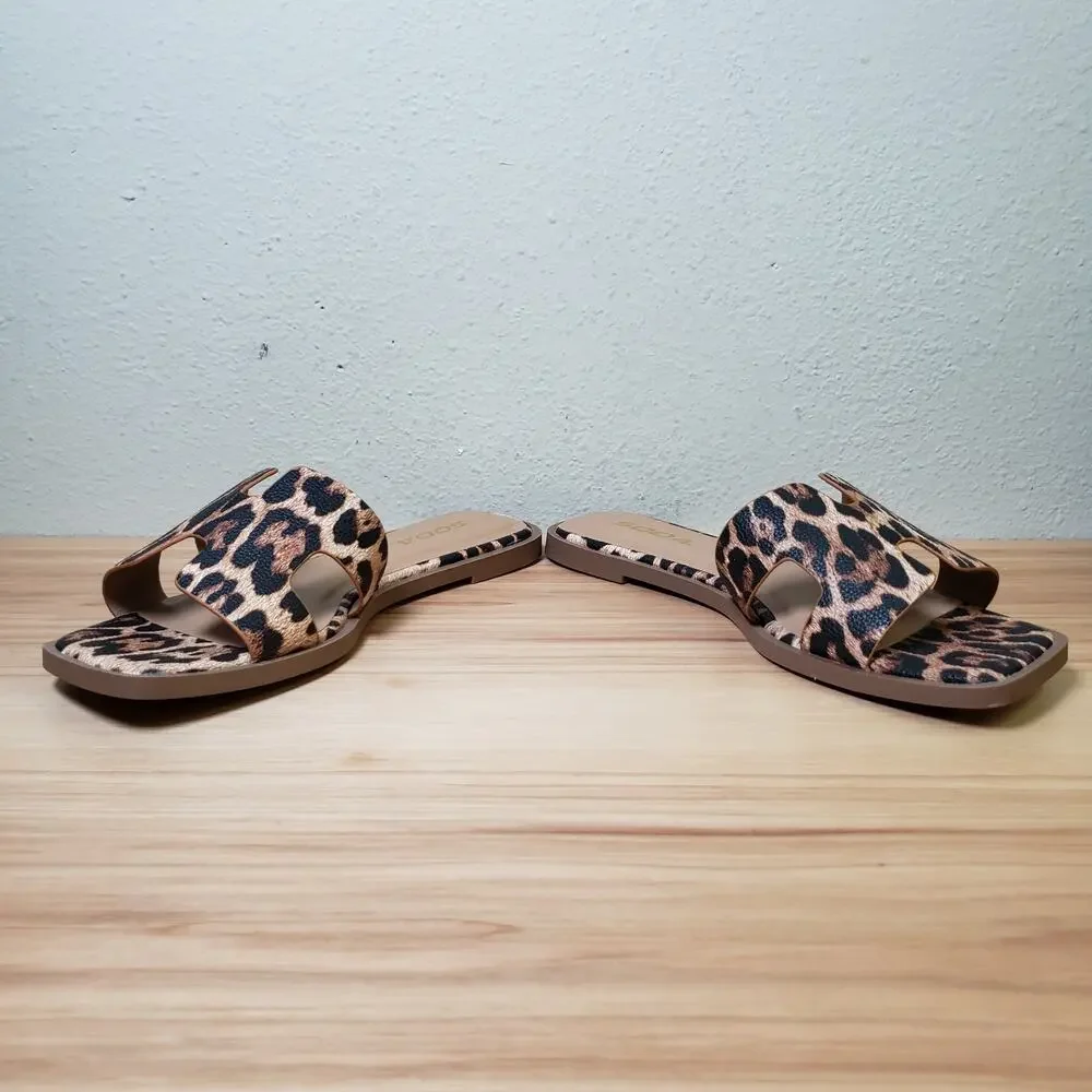 Soda Women's Sz 8 Leopard Print H Cutout Slide Sandal Black Tan Animal Print NEW